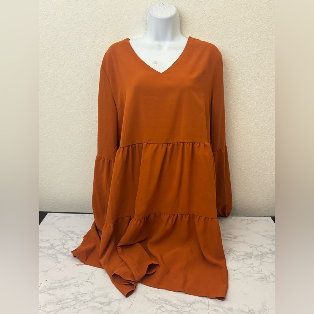 Orange Long Sleeve Peasant Midi Dress Size XL Flowy Boho Pullover V Neck​